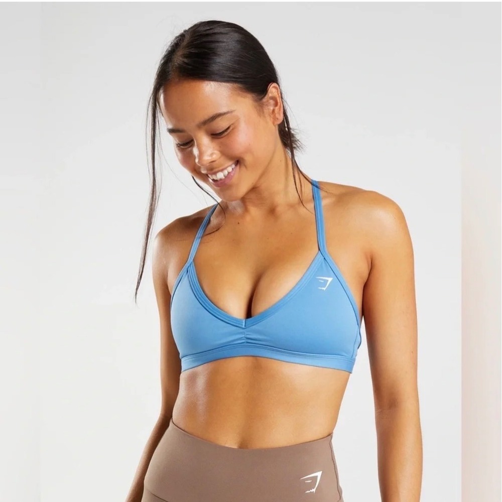 Gymshark Minimal Sports Bra Women XL Blue Padded Plunge Racerback Sporty Gym